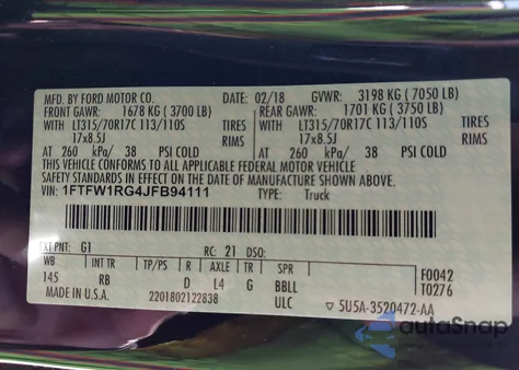 2018 Ford F-150 Raptor z USA, uszkodzony, nr VIN 1FTFW1RG4JFB94111